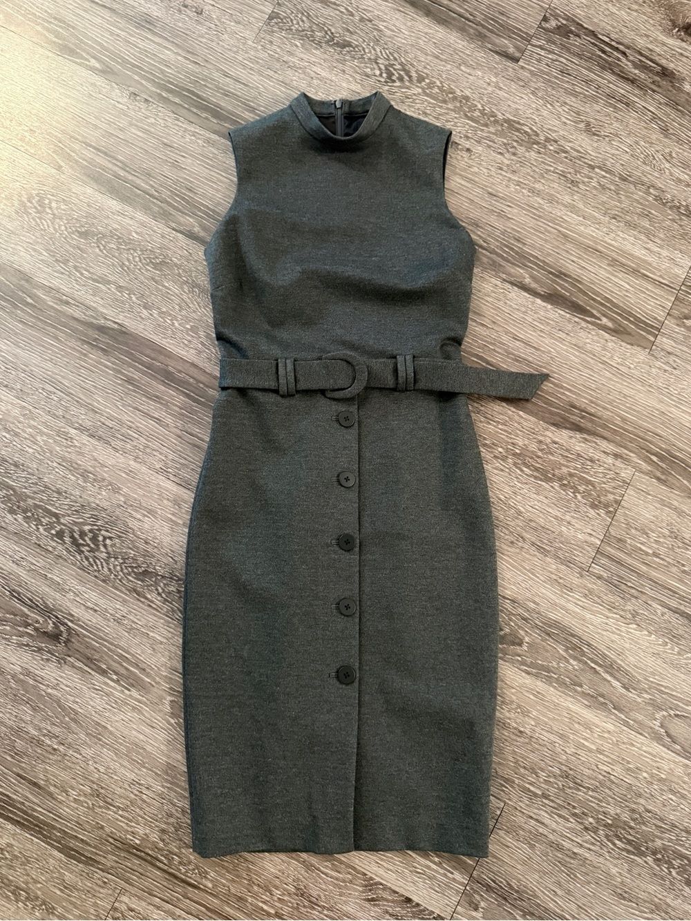 Pure Navy Grey Belted Pencil Midi Dress